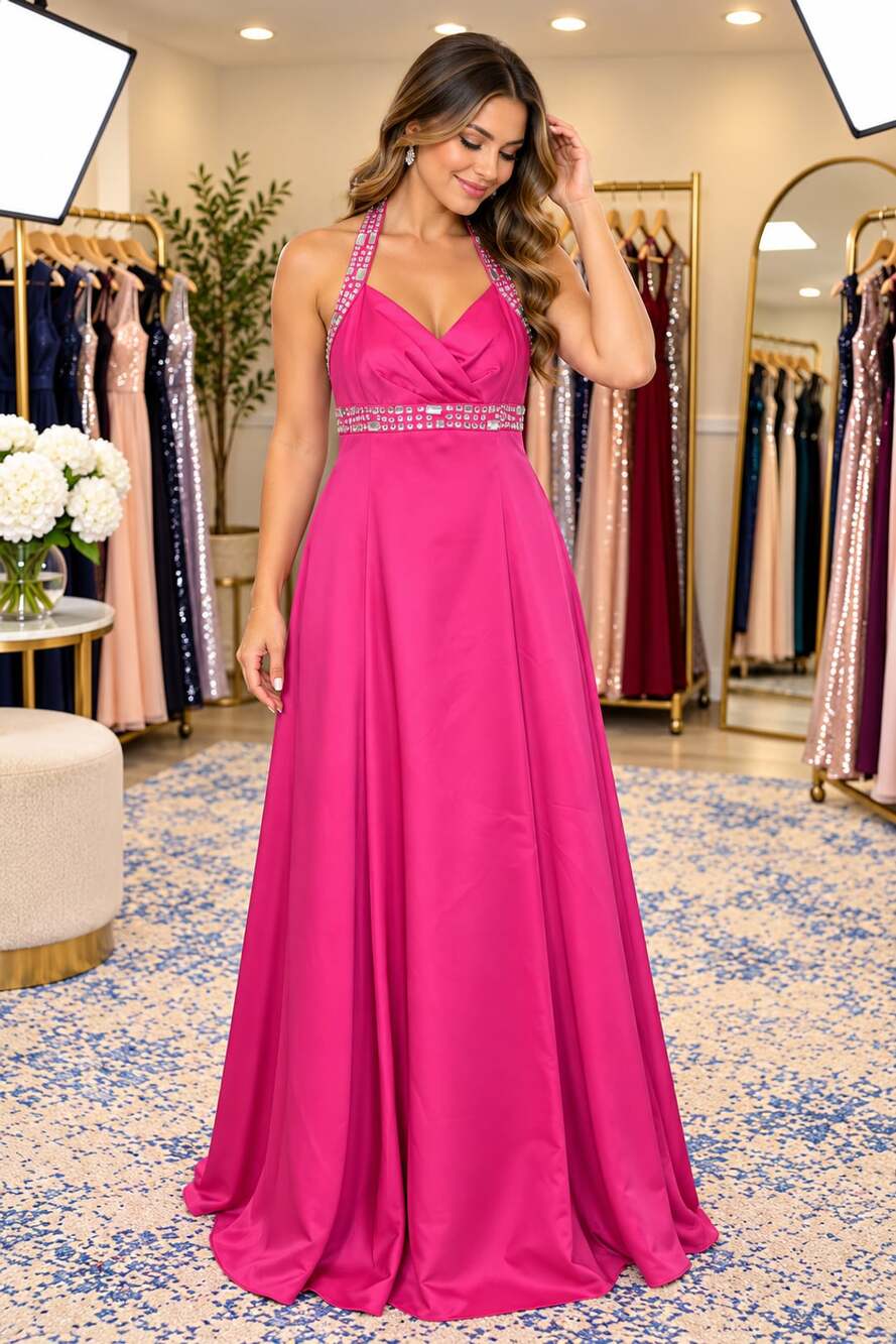 Fuchsia Pink Rhinestone Halter Formal Prom Evening Gown